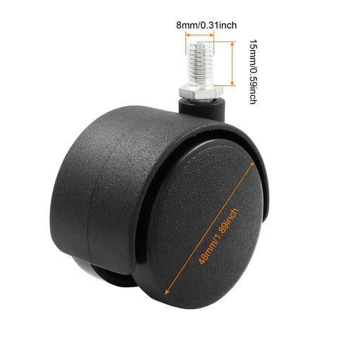 Close-up of a 4 Pack 2 Inch Caster Wheels With M8 Threaded Stem For Cabinets And Shelves Black Nylon Furniture Casters
