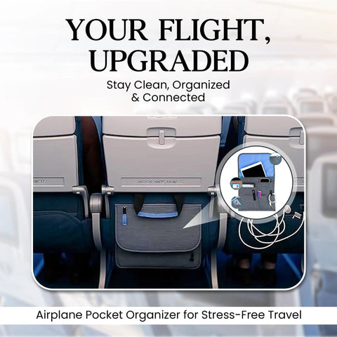 The Low Key Essential Airplane Seat Back Organizer Expands Over Tray Tables To Keep Your Commuter Carry On Gear Crisp And Stress Free During Every Seamless Flight journey, featuring pockets with gadgets and devices.