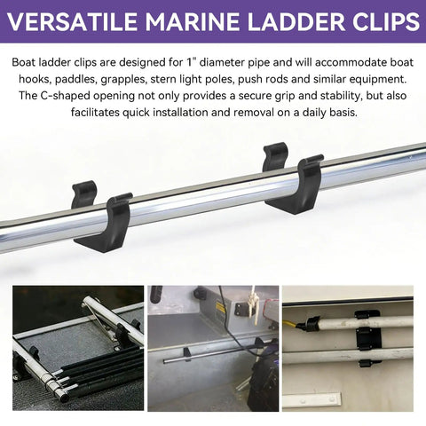 1 Inch Black Boat Ladder Clips Set Of Four Durable Marine Ladder Pole Holder Bracket Mounts holding a metal pole