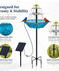 Solar Fountain Bird Bath For Outdoor Backyard Yard Metal Bird Bath Bowl On Stake 1.45 Gal Water Dispenser For Birds Vintage Blue Garden Decor For Patio Lawn showing birds, solar panel, and water flow