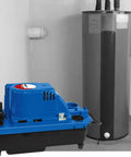 High Efficiency Condensate Removal Pump For HVAC And Dehumidifiers 84 GPH 115 Volt One Thirtieth Horsepower With Six Foot Power Cord No Safety Switch Blue Plug And Play For AC Units Boilers And Furnaces next to a water heater in basement