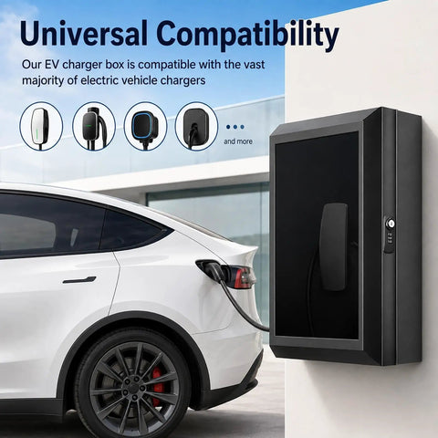 Heavy Duty EV Charger Enclosure Lockable Wall Mount Charging Station Combo Key Lock Security Weatherproof Housing For Electric Vehicle Plug Protection And Spacious Garage Grade Secure Stash Setup on wall beside electric vehicle.