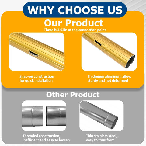 Comparison image showing features of Extra Long 11 Foot Smoke Detector Removal Tool, highlighting aluminum pole and snap-on construction.
