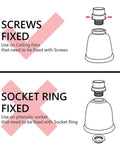 Diagram explaining screws and socket ring fixes for Clear Ceiling Fan Glass Shade Replacement Bell Shape Two And One Eighth Inch Fitter Four And Five Eighths Inch Diameter Four And One Half Inch Height Four Pack No Tool Install Just Slip On For A Fresh Modern Vibe.