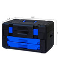 Durable Hand Tool Box With 266 Piece Universal Tool Set For Home And Garage, featuring a blue locking design and dimensions.