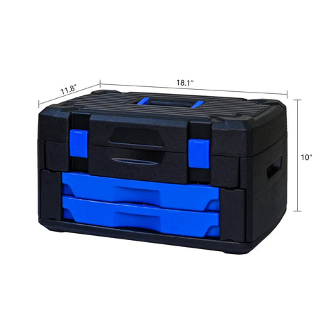 Durable Hand Tool Box With 266 Piece Universal Tool Set For Home And Garage, featuring a blue locking design and dimensions.