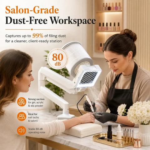 Badass 60W Nail Dust Collector Featuring Slick 360 Degree Cyclone Suction Technology And Heavy Duty Reusable Filter For Hella Quiet Salon Manicure Sessions At Home, featuring 360 suction and LED light in a salon setting.