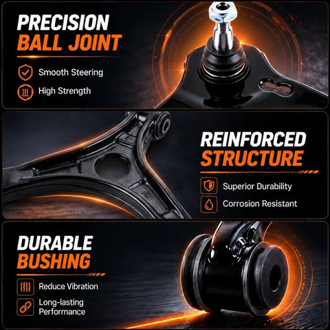 Precision ball joint with high strength and smooth steering, bushing for vibration reduction, part of Front Lower Control Arm Kit With Ball Assembly For Nissan Altima And Maxima Smooth Operator Suspension Parts Get Your Ride Back On Track Quiet Steering 10 Piece Set.