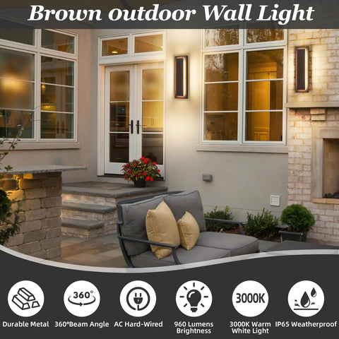 Brown Outdoor Wall Sconces, Super Bright Led Entryway Fixtures flanking a doorway with warm white light, durable metal, and 360 beam angle.