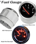 2 inch fuel gauge with black face, stainless steel trim, bright red backlight, IP67 waterproof for marine use.