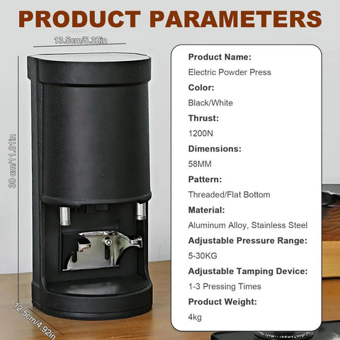 Electric Coffee Tamper With Stainless Steel Dock And Custom Pressure Tuner Yields Tight Espresso Pulls Between Five To Thirty Kilograms, showing dimensions and features.