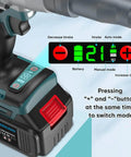 Close-up of Badass Cordless 2 In 1 Rivet Nut And Pop Rivet Tool control panel showing battery status and mode settings.