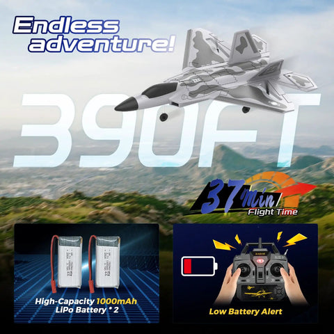 Beginner Friendly Remote Control Airplane With Lights 4 Channel Fighter RC Plane 2.4GHz promotional image with battery and remote.