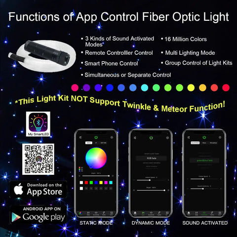 Instructions for app control fiber optic lights; Compact Starlight Headliner Fiber Optic Lights Kit With Two Hundred Fibers Six Point Five Feet Long Six Watt Mini Size Music Activated Remote And App Control For Dope Car Or Home Ceiling Star Lighting highlighted