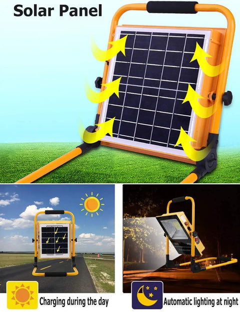 Kickass Portable Rechargeable Solar Led Flood Light With Ip65 Weather Sealing And Rip Roaring 2700 Lumens Glow solar panel in bright sunlight.