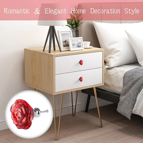 Kick Up Decor With Super Slick Red Glass Dresser Knobs And Rose Crystal Drawer Handles In This 5 Piece Set of smooth furniture pulls on a nightstand.