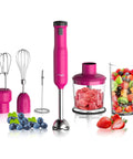 Premium Cordless Immersion Hand Blender With Heavy Duty Motor And 6 In 1 Multifunctional Attachments Including Beaker Whisk Chopper Plus Dual Beater And Milk Frother Perfect For Blending Smoothies Baby Food And Soups Without Any Cords Attached So You Can, pink immersion blender and accessories with fruits.