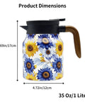 Side view of Sunflower Floral 35 Ounce Tea Pot With Infuser Insulated Stainless Steel Kettle For Loose Leaf Tea with dimensions