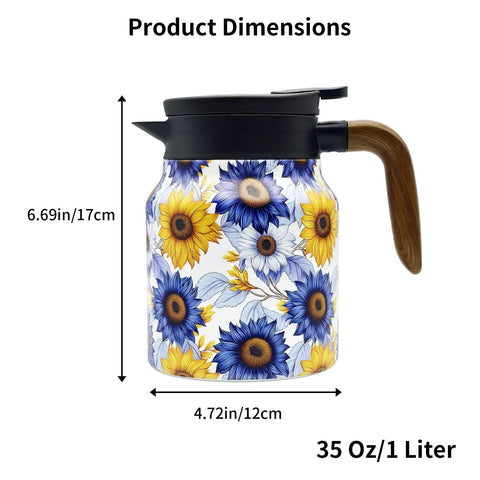 Side view of Sunflower Floral 35 Ounce Tea Pot With Infuser Insulated Stainless Steel Kettle For Loose Leaf Tea with dimensions