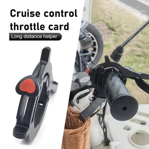 Universal Motorcycle Throttle Cruise Control Booster with Anti Slip Grip on handlebar for long highway rides in matte black.