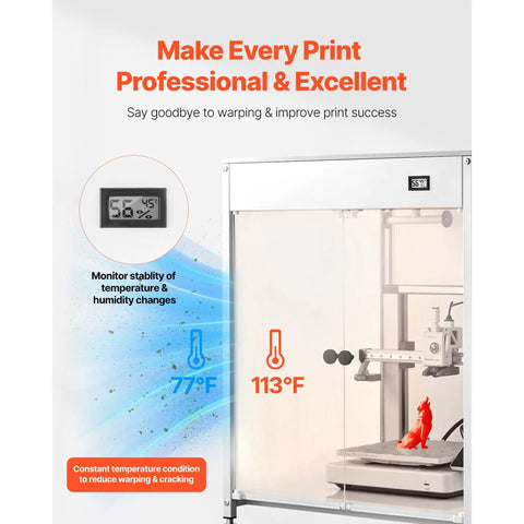 Badass Enclosed 3D Printer Tent With Hella Steady Chamber Heating And Smart Dual Pass Ventilation featuring temperature monitoring display.
