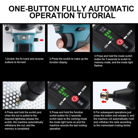 Cordless Rivet Nut Gun Set With Led Work Light And Rechargeable Battery Fits M3 M4 M5 M6 M8 M10 M12 Rivet Nutserts operation tutorial steps.
