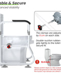 Heavy Duty Toilet Safety Rails With Padded Armrests showing adjustable clamps and double-suction cups for stability.