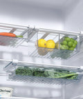 No Fuss Fridge Drawer Organizer Slides Under Shelf For Crisper Bin Storage With Slick Gliding Rails, holding fruits and vegetables.