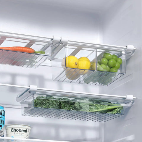Keeping Your Fridge Neat And Tidy Is A Breeze With This Slick Fridge Drawer Organizer Sliding Right Under Shelves To Store Produce Cheese Yogurt And Deli Snacks Fast No Tools Required Fits Standard Depths - Organized fruits and vegetables in clear plastic drawers.