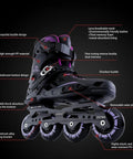Black adjustable inline skates with high-strength PP material and triple closure, side view with detailed component labels.