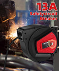 Retractable Extension Cord Reel 50 Feet 14 AWG 3 Conductor Power Cord, black and red wall-mount, with 13A circuit breaker