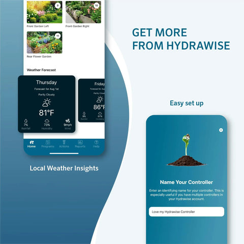 Hydrawise HPC400 Smart WiFi Irrigation Controller app interface with garden insights and weather forecasts for lawn care