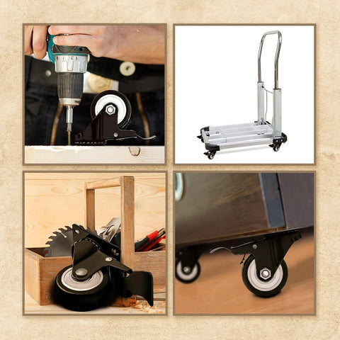 Swivel Caster Wheels 1.5 Inch Rubber Base With Top Plate Bearings, installed on carts and furniture, showing heavy-duty use