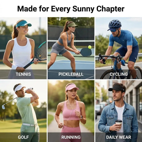 Collage showing uses of Moisture Wicking Sun Visor Hat With Adjustable Strap for running, tennis, golf, cycling, daily wear.