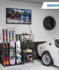 Freestanding Ski And Snowboard Rack Keeps Your Gnarly Shred Gear Totally Organized Holds skis, boards, and helmets in a garage setting.