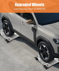 Heavy Duty Car Dolly Set Featuring 360 Degree Swivel Tire Wheel Carts To Smoothly Haul Out Cars Trucks And Trailers Smooth Sailing 6000 Lb Nylon Casters Garage Ready, showcasing upgraded wheels supporting a car.
