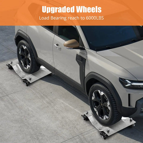Heavy Duty Car Dolly Set Featuring 360 Degree Swivel Tire Wheel Carts To Smoothly Haul Out Cars Trucks And Trailers Smooth Sailing 6000 Lb Nylon Casters Garage Ready, showcasing upgraded wheels supporting a car.