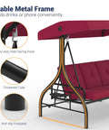Three Seat Outdoor Porch Swing With Adjustable Canopy And Convertible Bed Stand Thick Cushions And Deep Cup Holders Weather Resistant Steel Frame For Backyard Vibes Garden Or Porch Red with stable metal frame.