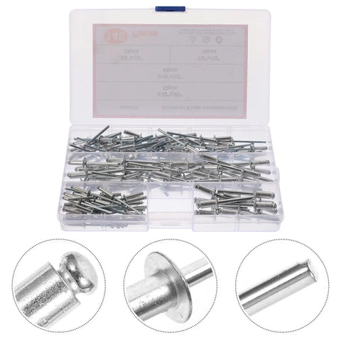 140 Piece Aluminum Blind Rivet Kit with flanged smooth head self plugging rivets in organized case for repair projects.