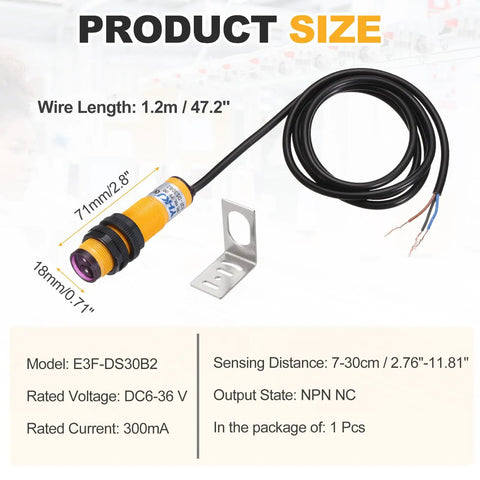 Photoelectric Sensor M18 Diffuse Reflection 7-30 Cm Detection Distance DC6-36 V 300 mA NPN NC with mounting bracket shown.