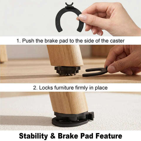 Self Adhesive Swivel Caster Wheels For Ultra Heavy Furniture Rolling With 360 Degree Spin and Easy Peel Sticky Back Pads shown with brake pad feature.