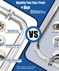 Comparison image highlighting Heavy Duty Six Inch Tubular Shower Door Handle With Slick Back To Back Pull Grip In Rust Proof Brushed Nickel.