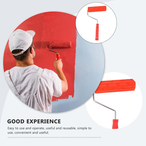 Top Shelf Rubber Textured Paint Roller With Kick Butt Spiked Surface For Walls Floors And Furniture Refinishing in use on red wall.