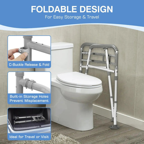 No Sweat Setup Heavy Duty Toilet Safety Rails And Medical Stand Assist For Seniors With Super Solid Bathroom Grab Bars showing foldable design.