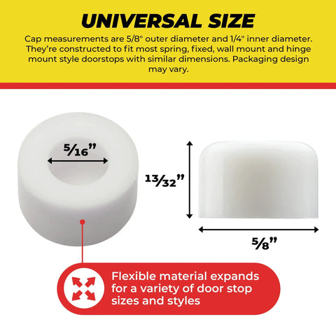 Universal Size White Rubber Door Stop Stud Replacement No Brainer Tips For Wall And Floor Protection, shown with dimensions.