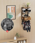 Built Tough Heavy Duty Motorcycle Helmet Holder Wall Mounted Rack Holds Six Helmets And Riding Gear Storage Organizer For Your Garage Or Bike Shop Display Unit with helmets and gloves.