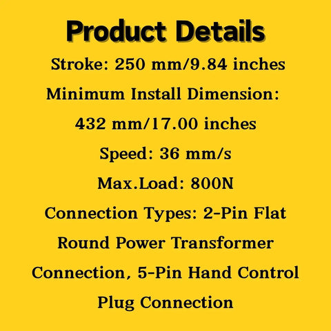 Premium Hella Durable Linear Actuator Motor Replacement For Power Recliners And Electric Lift Chairs KDYJT006-20 specs on yellow background.