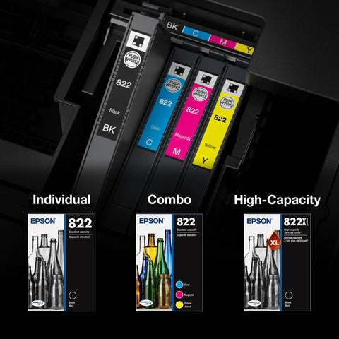 Durabrite Ultra Ink Magenta Cartridge T822320S installed in printer with combo pack and high-capacity options shown below.