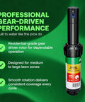 Professional gear-driven rotor for irrigation system with 40-360 degree arc for medium-large lawns, no dig inlet required.