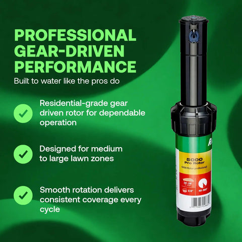 Professional gear-driven rotor for irrigation system with 40-360 degree arc for medium-large lawns, no dig inlet required.